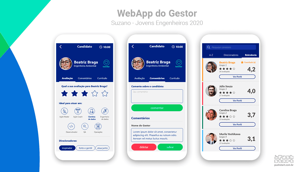 WebApp do Gestor desenvolvido pela PushStart para o processo seletivo Jovens Engenheiros 2020 da Suzano Papel e Celulose